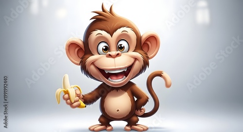 Happy Cartoon Monkey Holding a Banana with a Wide Grin.