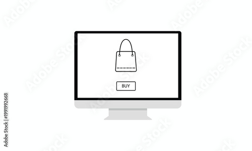 Minimalist Online Shopping Concept on Computer Monitor Screen with Shopping Bag Icon and Buy Button on White Background.