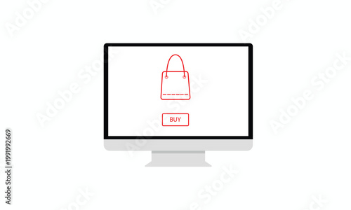 Minimalist Online Shopping Concept on Computer Monitor Screen with Shopping Bag Icon and Buy Button on White Background.
