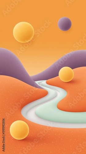 Vibrant Abstract Scenery with Winding River and Smooth Hills in Warm Orange and Purple Tones