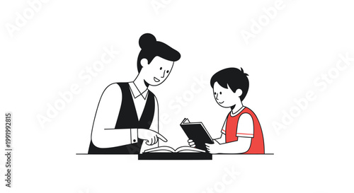 Mother, child, education, learning, illustration, vector, black and white, line art, kid, parent