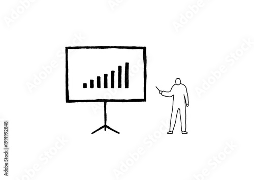 スクリーンの右側に少し離れて立つ指揮棒を持ったプレゼンターの手描きイラスト（線画）