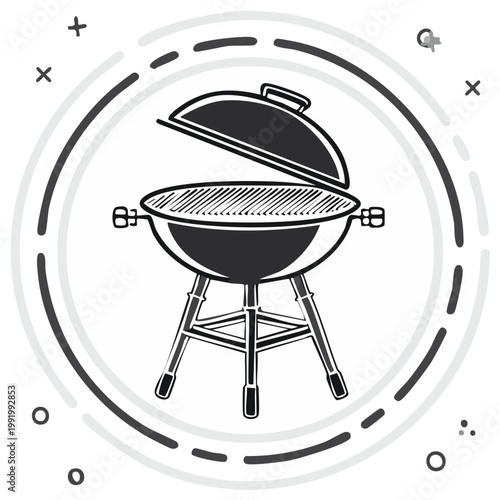 Circular grill with lid open black and white illustration for barbeque outdoors