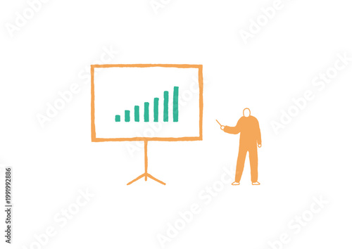 スクリーンの右側に少し離れて立つ指揮棒を持ったプレゼンターの手描きイラスト（オレンジ・緑）