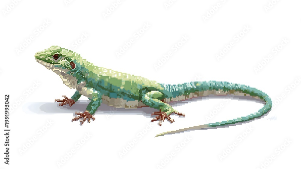 Fototapeta premium Green Lizard Reptile Pixel Art Illustration on White Background Isolated