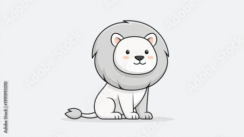 Cute White Lion Cub Sitting Illustration with Grey Mane Isolated on a Plain Background