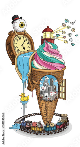 Whimsical Ice Cream Cone with Train Inside.