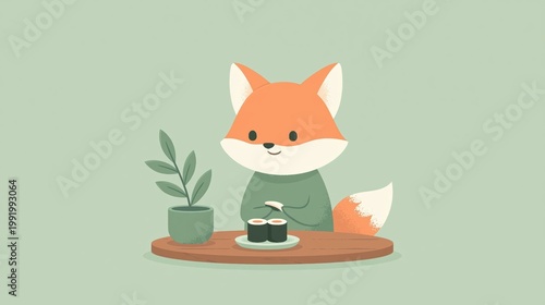 Minimalist illustration of a charming fox enjoying sushi at a wooden table.