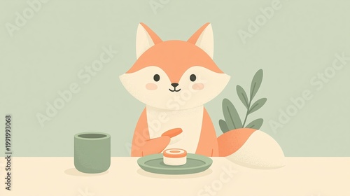 Adorable Cartoon Fox Enjoying a Sushi Meal in a Simple Minimalist Illustration Style