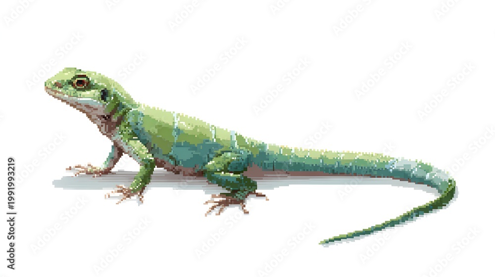 Naklejka premium Green Lizard Reptile Pixel Art Illustration on White Background Isolated