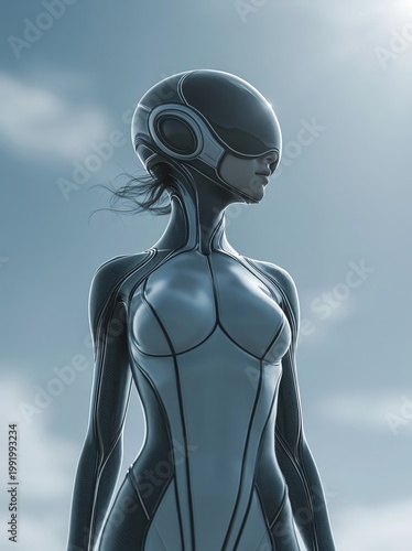 Futuristic Woman in Sleek High-Tech Sci-Fi Bodysuit and Helmet Against Bright Sky