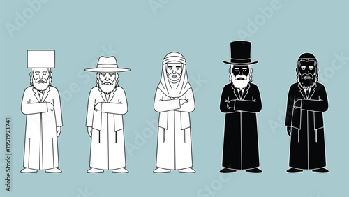 Historical figures in classic attire standing with arms crossed