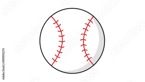 Modern Flat Baseball Vector Icon with Editable Stroke and Red Stitching on White Background; Minimalist Sports Equipment Illustration for Web, App Design, and Athletic Branding Projects.