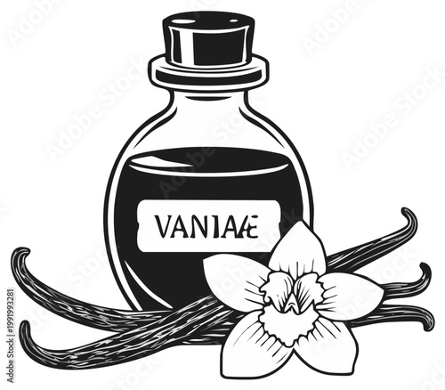 Vanilla extract bottle illustration with vanilla bean pods and a flower in black and white.