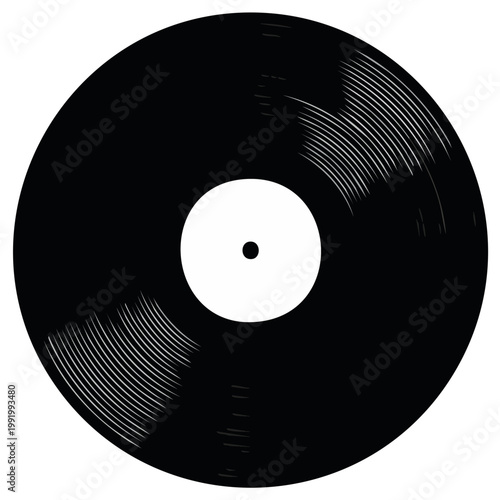 Black vinyl record illustration with etched grooves and white center label.