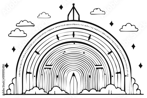 Conceptual graphic illustration of an abstract archway with concentric lines clouds and stars leading forward
