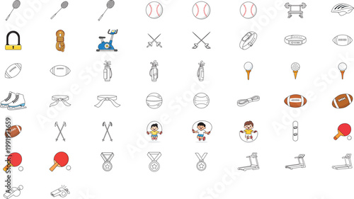 50 Minimalist Sports and Fitness Vector Icon Set with Editable Stroke. Hand-Drawn Line Art Collection Featuring Baseball, Golf, Football, Gym Equipment, Winter Sports, and Athletics Graphics.