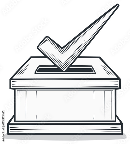 Ballot box with a check mark signifying successful voting in a democratic election, a line art illustration