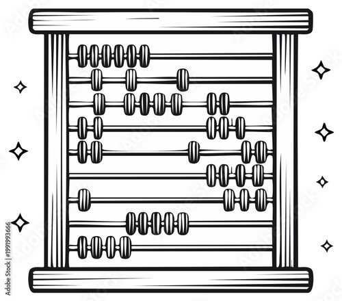 Wooden abacus with beads, simple outline illustration for education and calculation