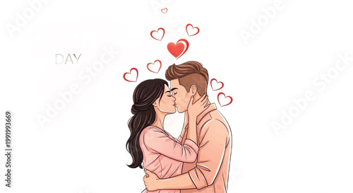 Romantic couple kissing, love illustration, valentine's day vector, heart symbols