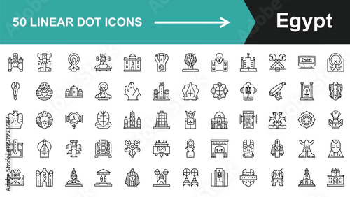 Collection of fifty linear dot icons representing egyptian themes and symbols