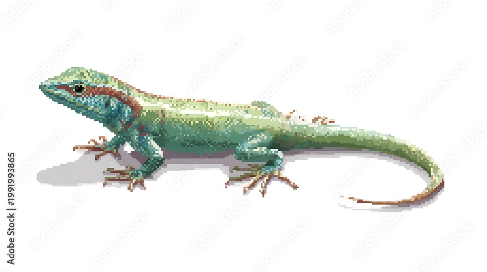Fototapeta premium Green Lizard Reptile Pixel Art Illustration on White Background Isolated