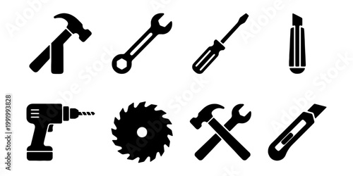 Construction tool icons, black hardware vector set, 8 repair equipment symbols