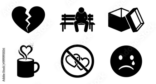 Sadness and heartbreak icon set, lonely man on bench, broken heart vector symbols