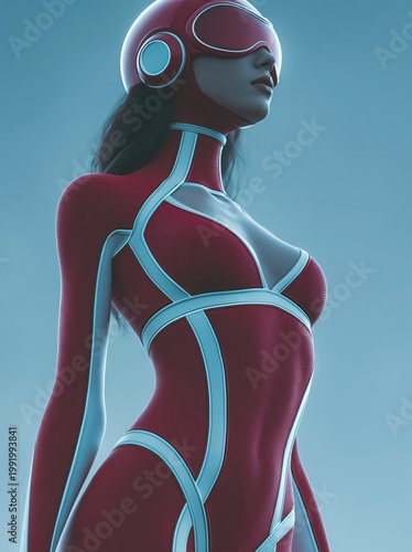 Cinematic Portrait of a Woman in a Sleek Futuristic Red Suit and High-Tech Visor Helmet
