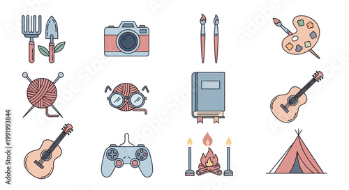 Collection of diverse hobby and leisure activity icons.