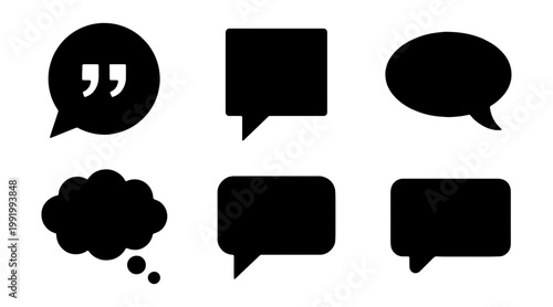 Black speech bubble icons, 6 chat box vector silhouettes, talk and thought bubbles