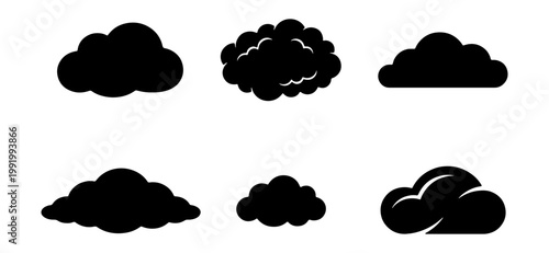 Black cloud silhouettes set, 6 weather icons vector, dark sky cloudscape elements