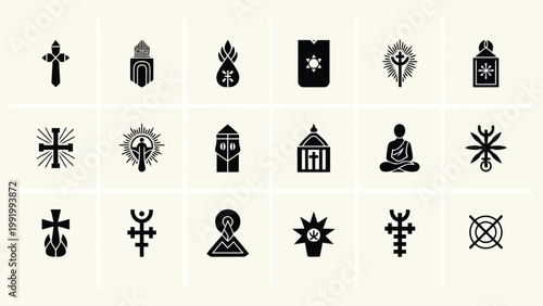 Historical and spiritual symbols depicted in minimalist black and white icons