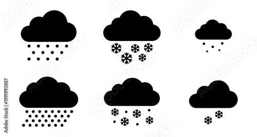 Weather icon set, black cloud silhouettes with snow and rain, 6 vector meteorology signs