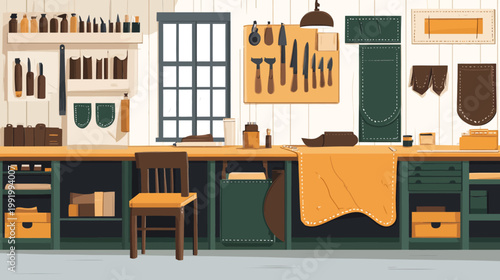 A detailed illustration of a leatherwork shop, filled with tools, a work bench, and a chair