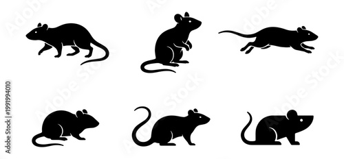 Rat silhouette vector set, black mouse icons, rodent animal shapes for pest control