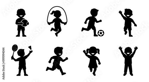 Active children silhouettes, 8 kids playing sports icons, happy childhood vector set
