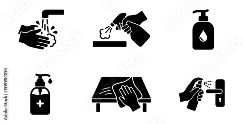 Hygiene and cleaning icons set, hand washing and surface disinfection vector symbols