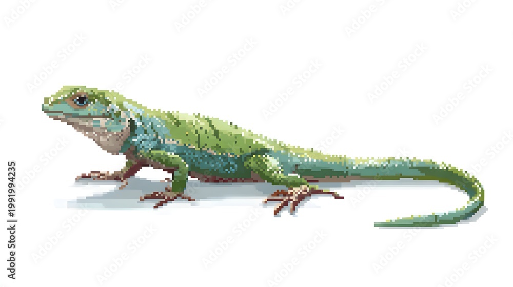 Fototapeta premium Green Lizard Reptile Pixel Art Illustration on White Background Isolated