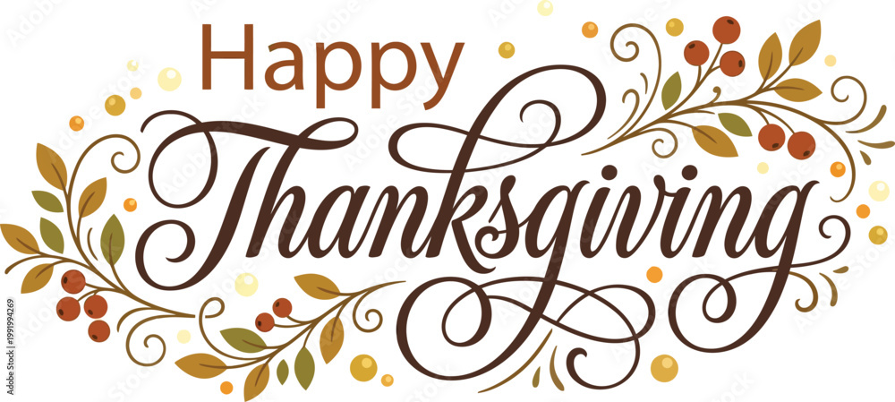 Obraz premium Elegant Happy Thanksgiving Calligraphy with Autumn Leaves