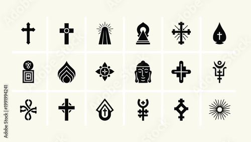 Historical and religious symbols depicted in black and white iconography