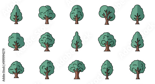 Collection of Diverse Stylized Trees in Various Shapes and Sizes.