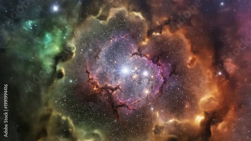 Cosmic cloud of gas and dust in deep space with star clusters