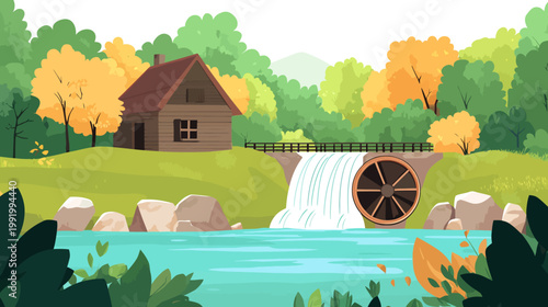 A picturesque scene of a cabin by a waterfall, with lush trees and a water wheel