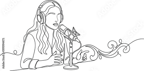 Female Podcaster Recording with Microphone Continuous Line Art
