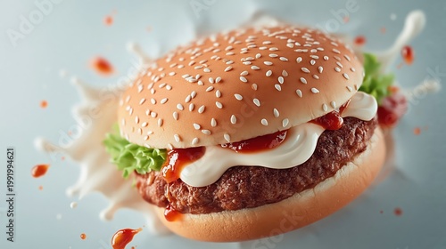 Fresh grilled beef hamburger with sesame seed bun, splashing mayonnaise and ketchup