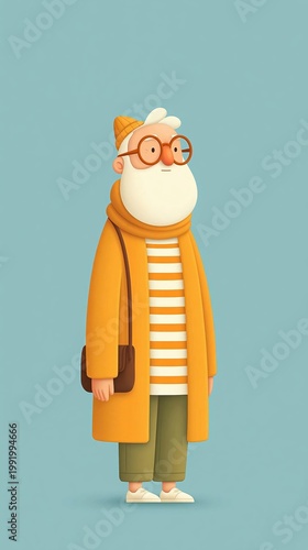 Cute 3D Character Design of a Senior Man Wearing a Scarf and Glasses in Minimalist Style