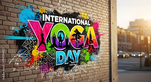International Yoga Day Graffiti Street Art Typography with Colorful Splash Background