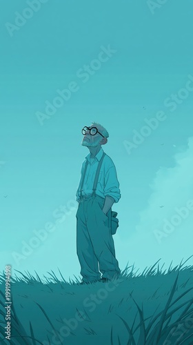 Senior Man with Glasses and Suspenders Gazing at the Vast Cyan Sky in a Grassy Field