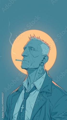 Stylized Portrait of an Older Punk Man Smoking a Cigarette with a Leather Jacket and Cross